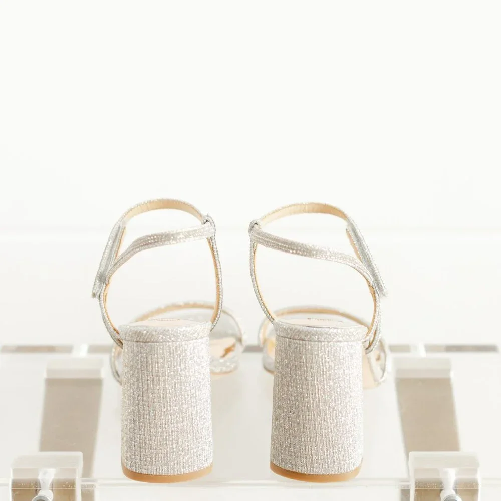 Badgley Mischka Rebekah Platinum Silver Women 8 Block Heel Sandal Fabric - Picture 2 of 14